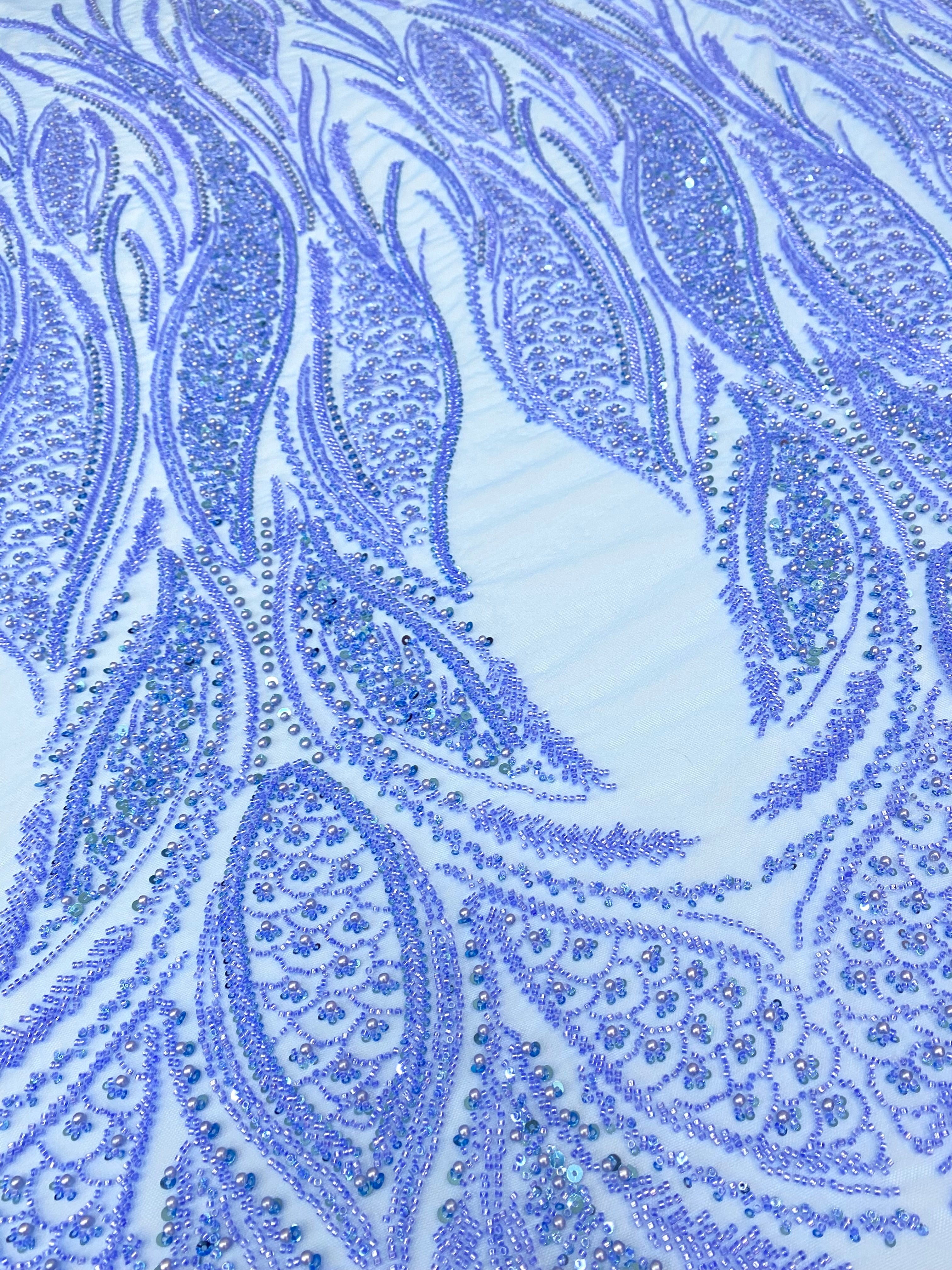 Dantela Couture Sky Blue cu Panou, cu Perle, Margele si Paiete
