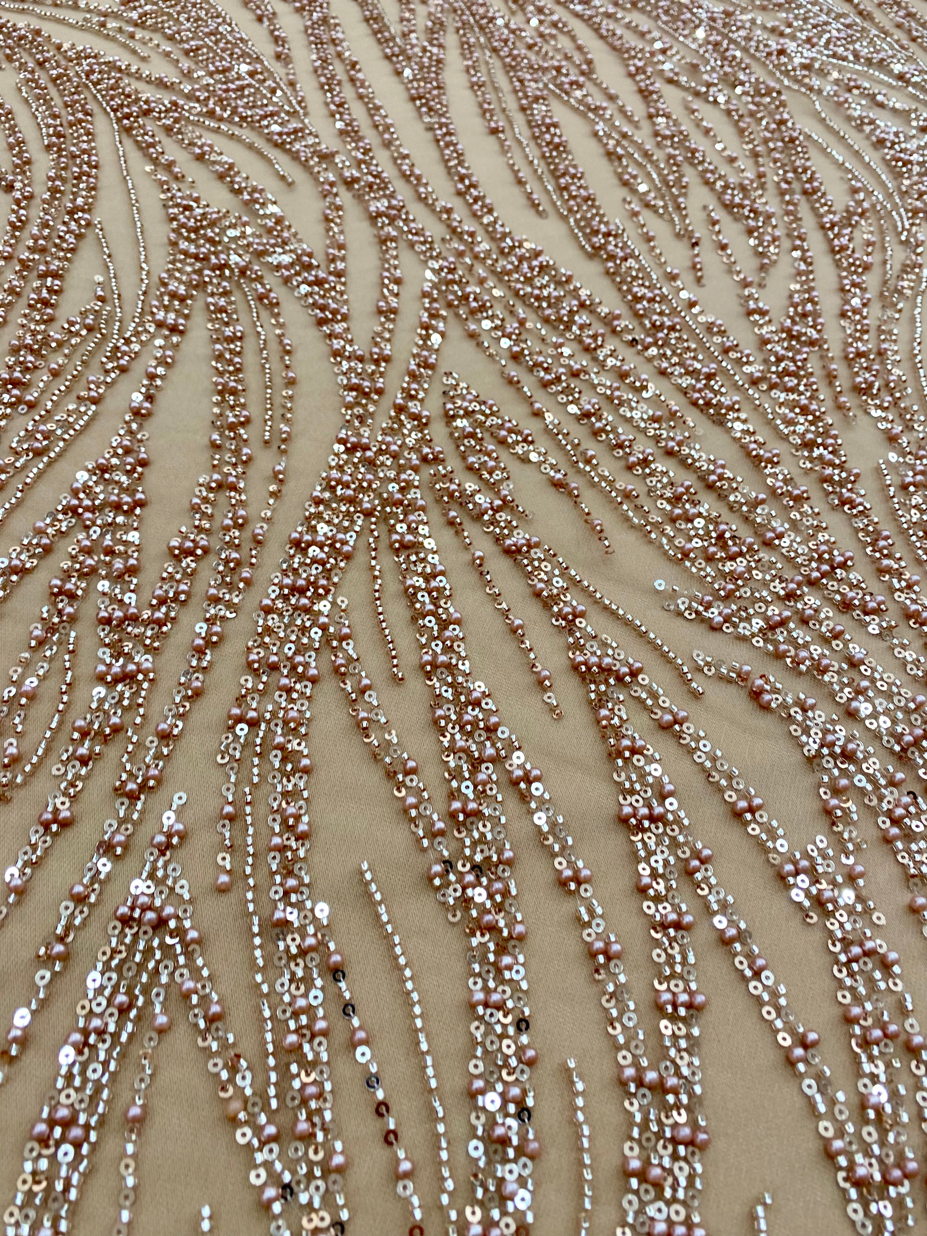 Dantela Couture Auriu Rose cu Model Liniar, cu Margele si Paiete