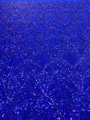 Dantela Couture Albastru Royal cu Model Geometric, cu Perle si Margele