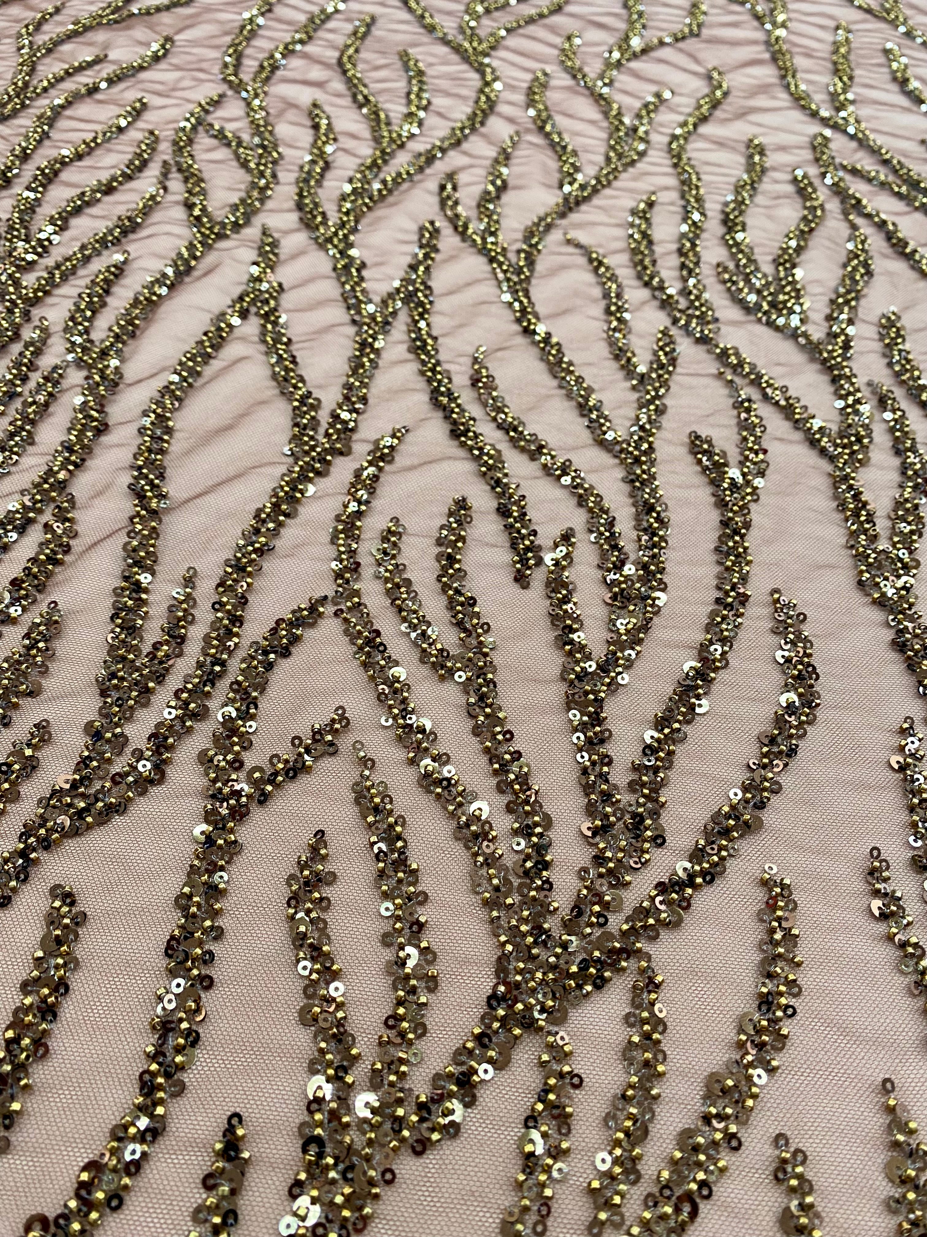 Dantela Couture Auriu Antic Siraguri, cu Margele si Paiete