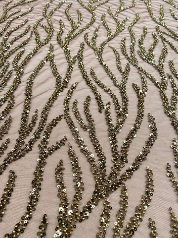 Dantela Couture Auriu Antic Siraguri, cu Margele si Paiete