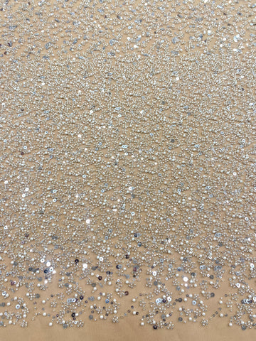 Dantela Couture Argintie pe Tulle Nude in Degrade, cu Perle, Margele si Paiete