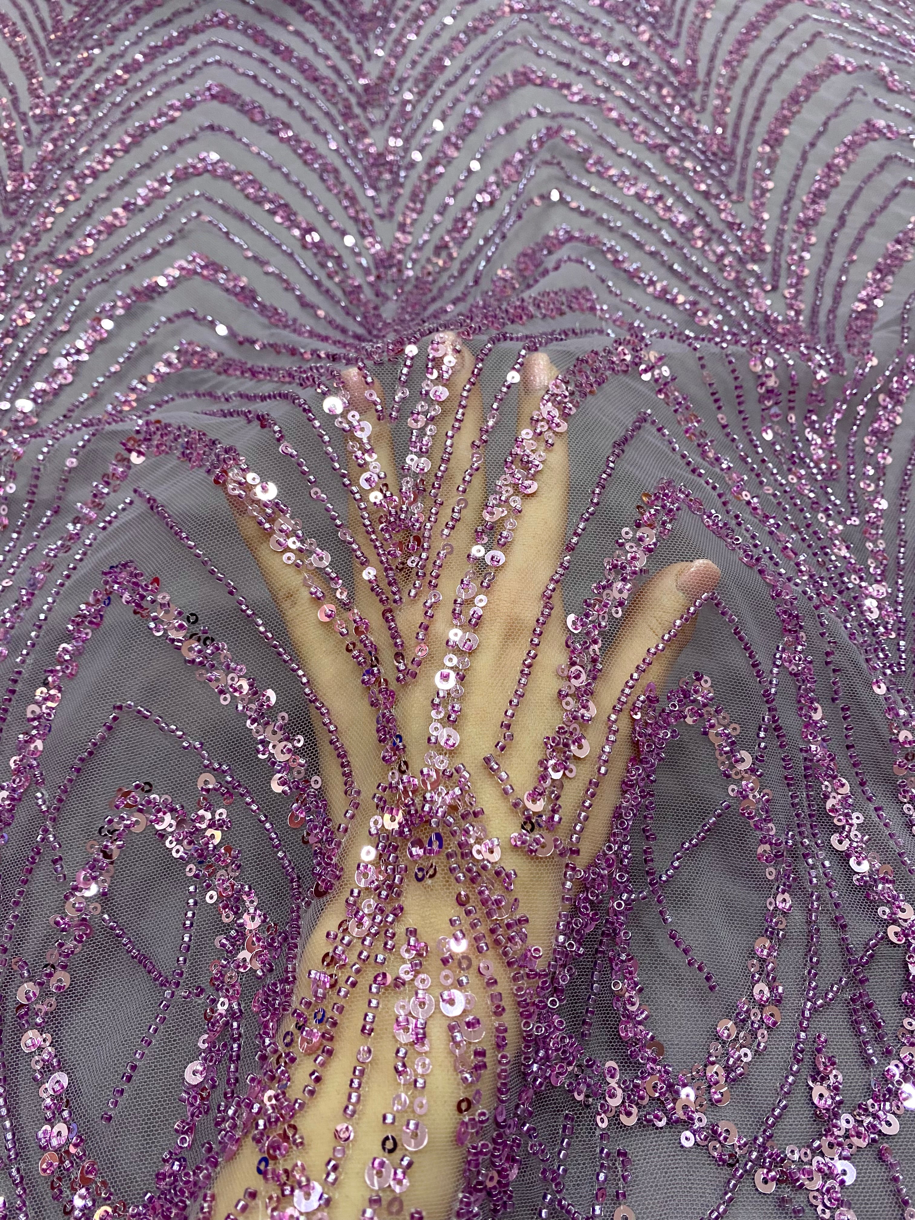 Dantela Couture Pudra cu Model Geometric cu Margele si Paiete