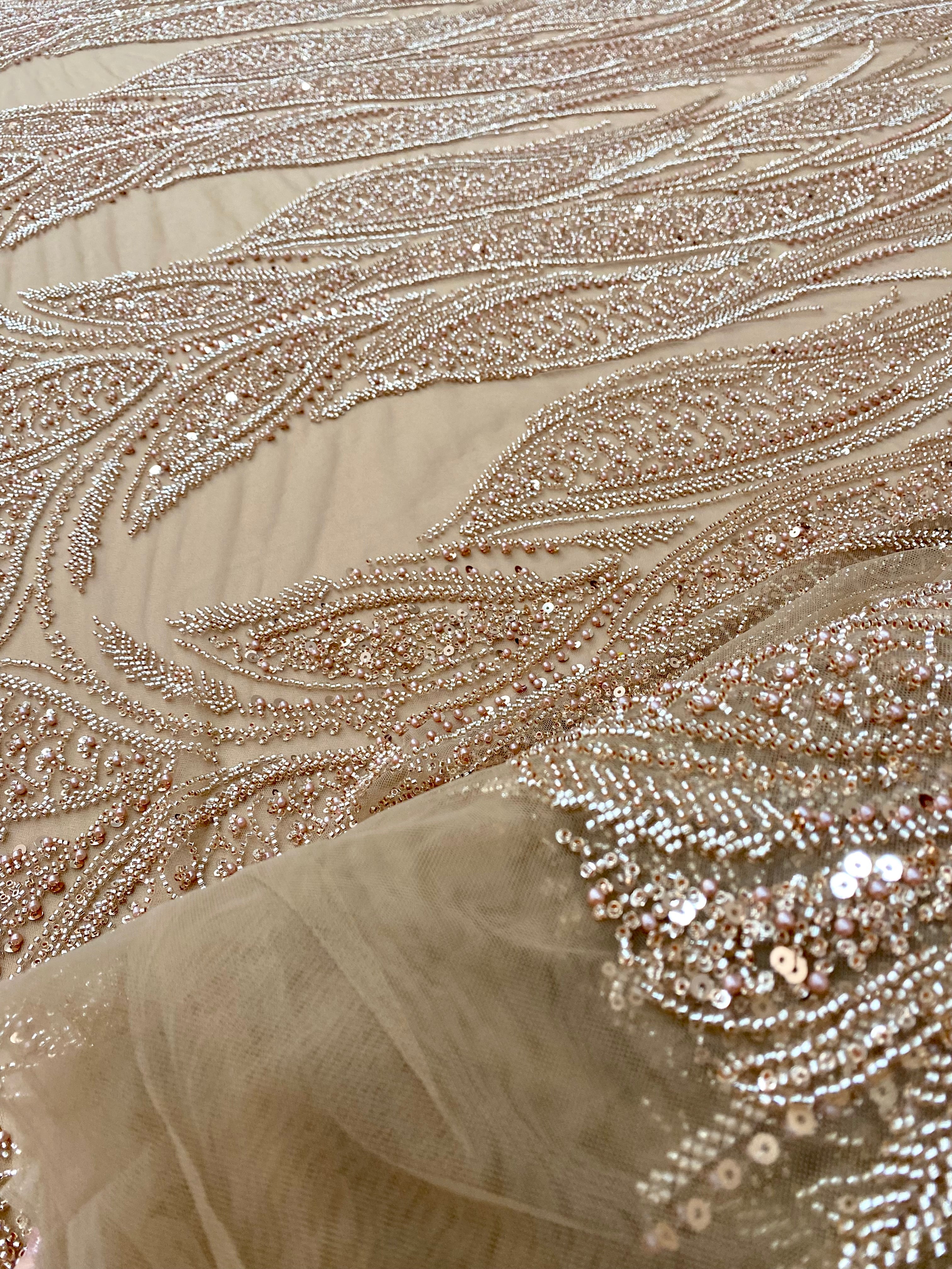 Dantela Couture Auriu Rose cu Panou, cu Perle, Margele si Paiete