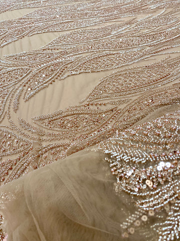 Dantela Couture Auriu Rose cu Panou, cu Perle, Margele si Paiete