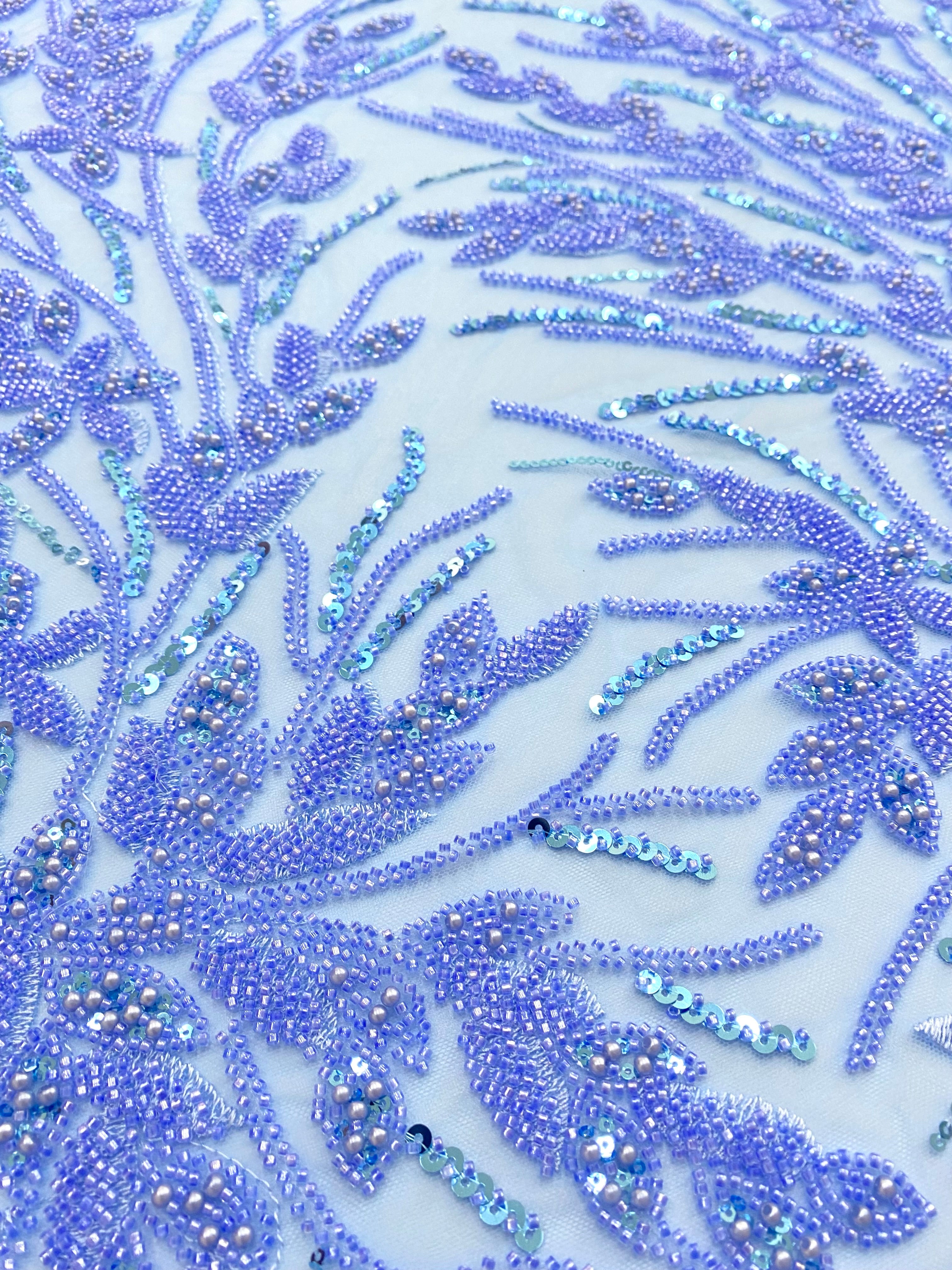 Dantela Couture Sky Blue cu Model Floral, Perle, Margele si Paiete