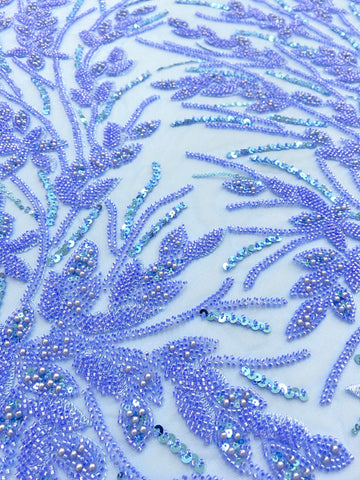 Dantela Couture Sky Blue cu Model Floral, Perle, Margele si Paiete
