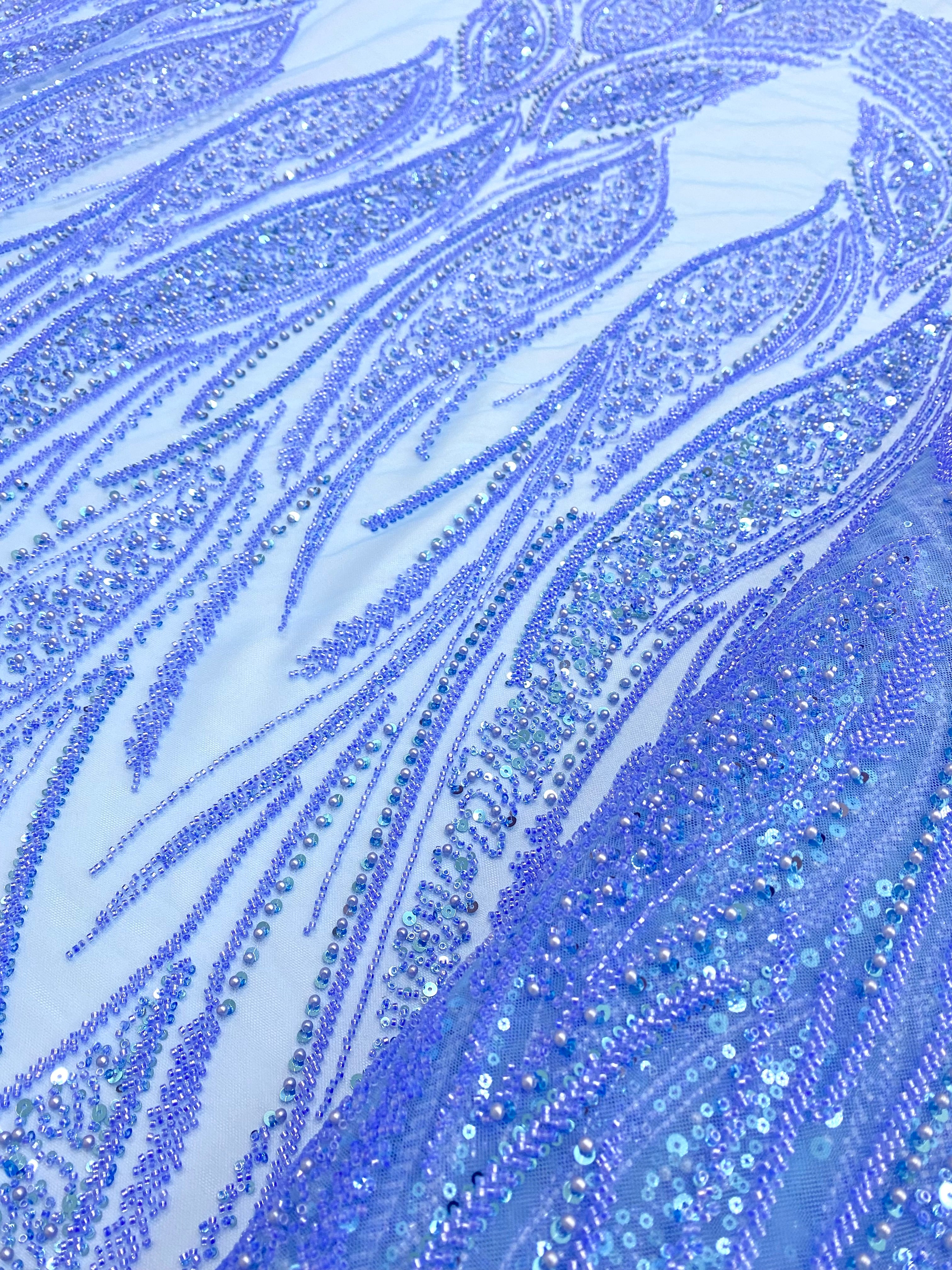 Dantela Couture Sky Blue cu Panou, cu Perle, Margele si Paiete