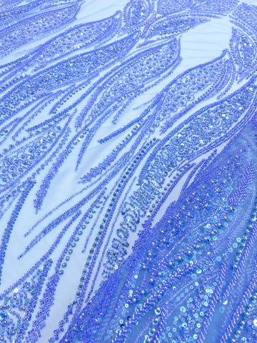Dantela Couture Sky Blue cu Panou, cu Perle, Margele si Paiete