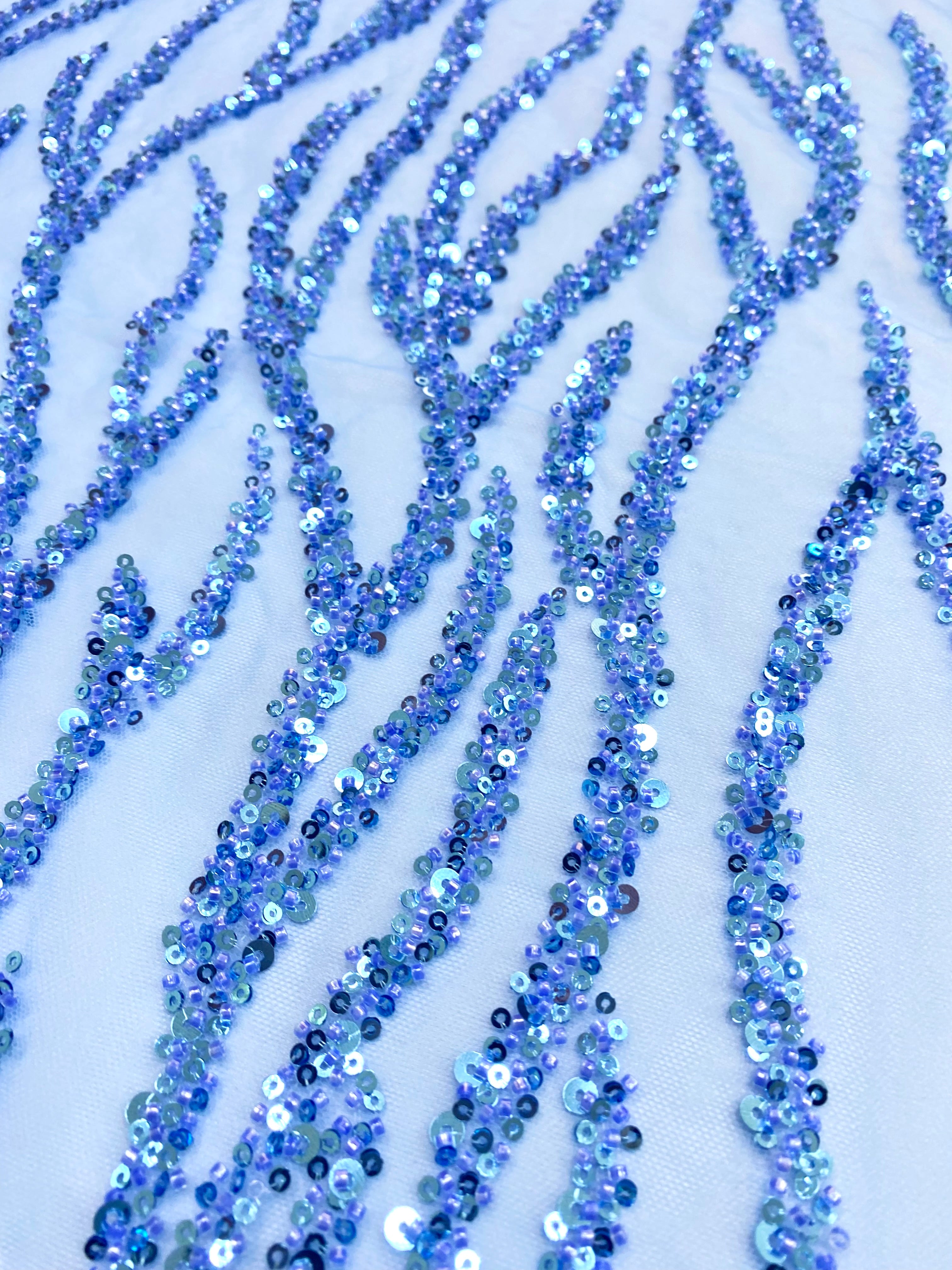 Dantela Couture Sky Blue cu Siraguri, cu Margele si Paiete