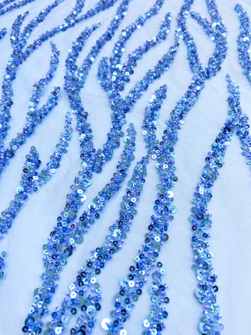 Dantela Couture Sky Blue cu Siraguri, cu Margele si Paiete