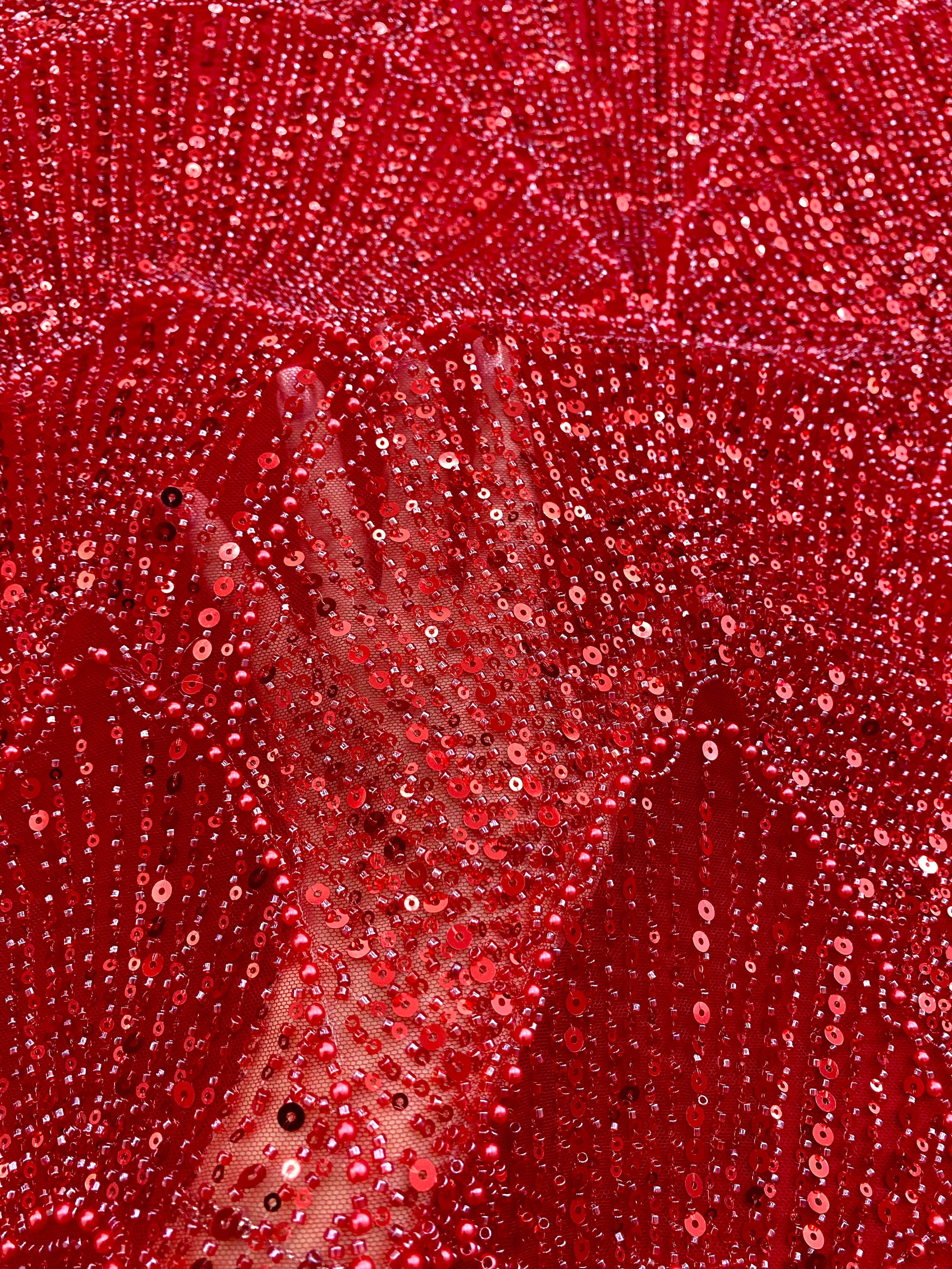 Dantela Couture Rosie cu Model Geometric, cu Perle, Margele si Paiete