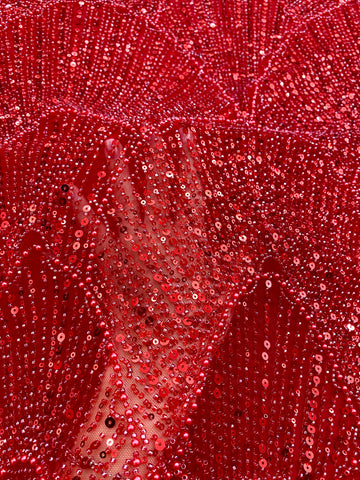 Dantela Couture Rosie cu Model Geometric, cu Perle, Margele si Paiete