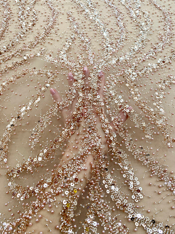 Dantela Couture Auriu Rose cu Perle, Margele si Paiete