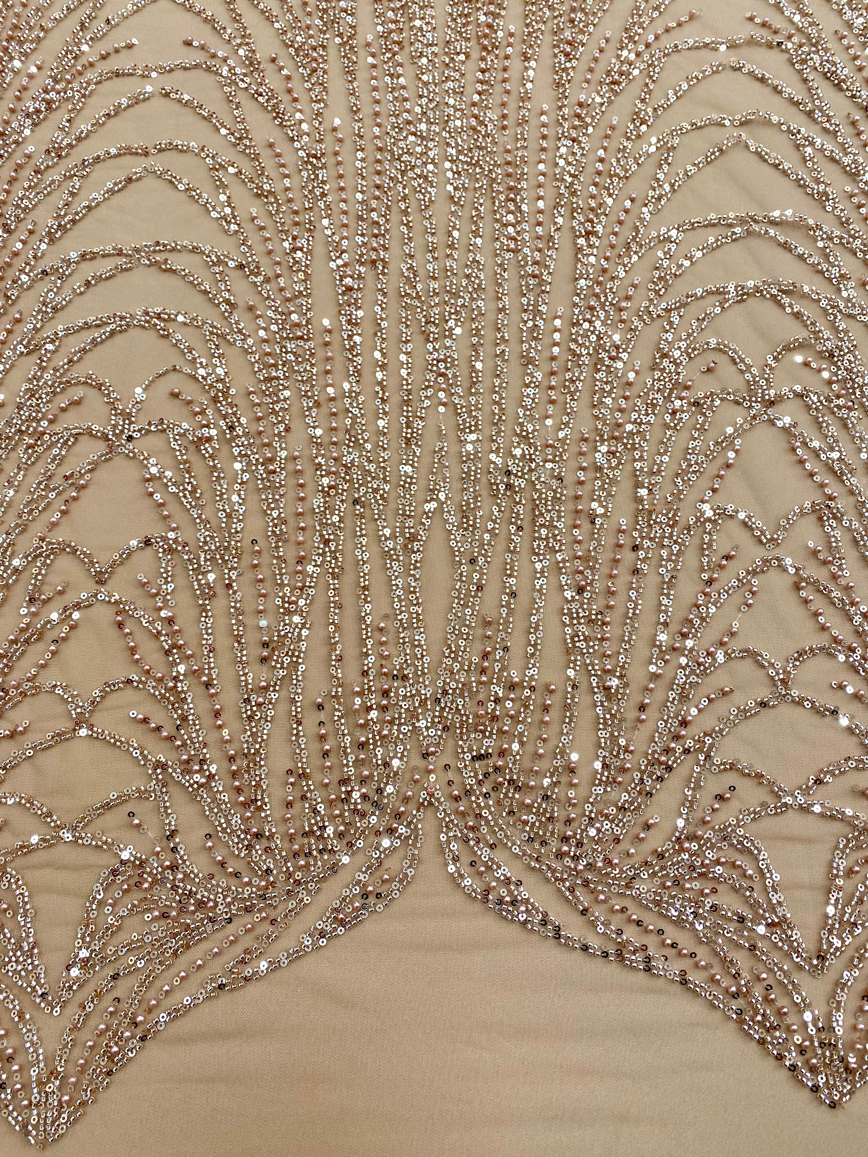 Dantela Couture Auriu Rose cu Model Liniar, cu Margele si Paiete