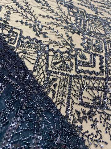 Dantela Couture Neagra cu Model Geometric, cu Margele si Paiete
