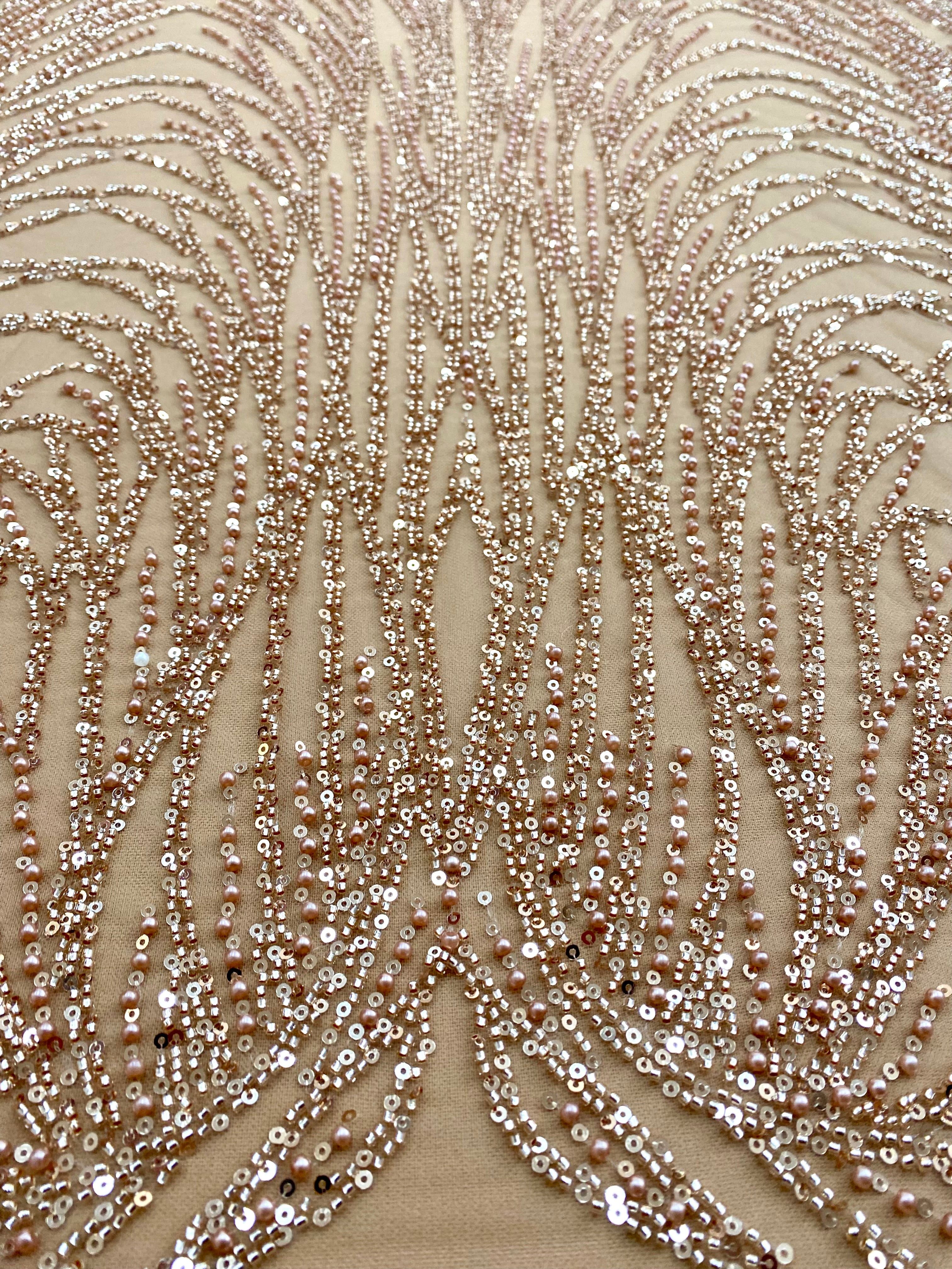 Dantela Couture Auriu Rose cu Model Liniar, cu Margele si Paiete