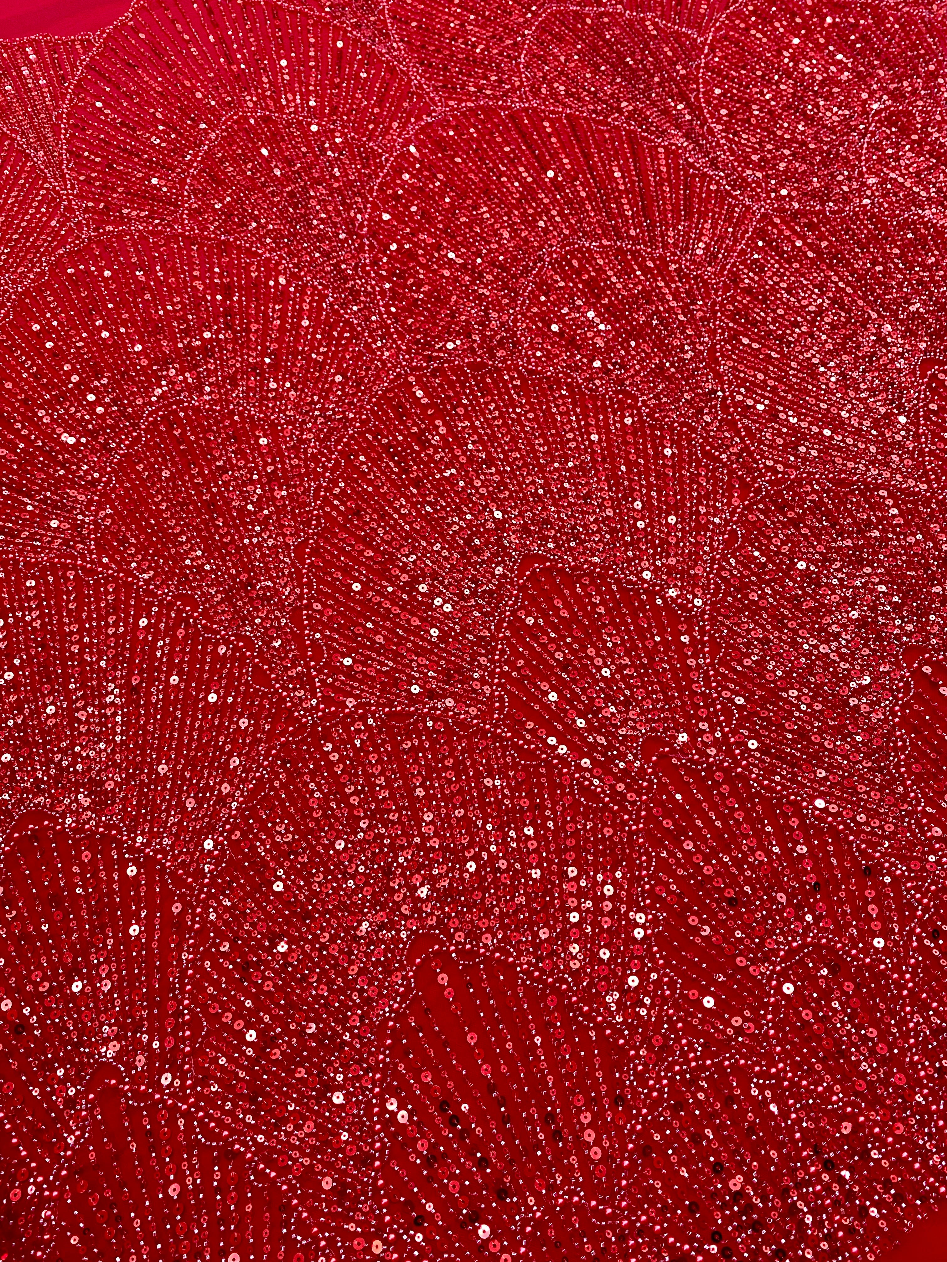 Dantela Couture Rosie cu Model Geometric, cu Perle, Margele si Paiete