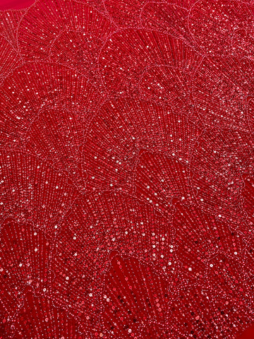 Dantela Couture Rosie cu Model Geometric, cu Perle, Margele si Paiete