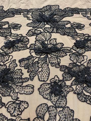 Dantela Couture 3D cu Flori Neagra cu Margele si Paiete