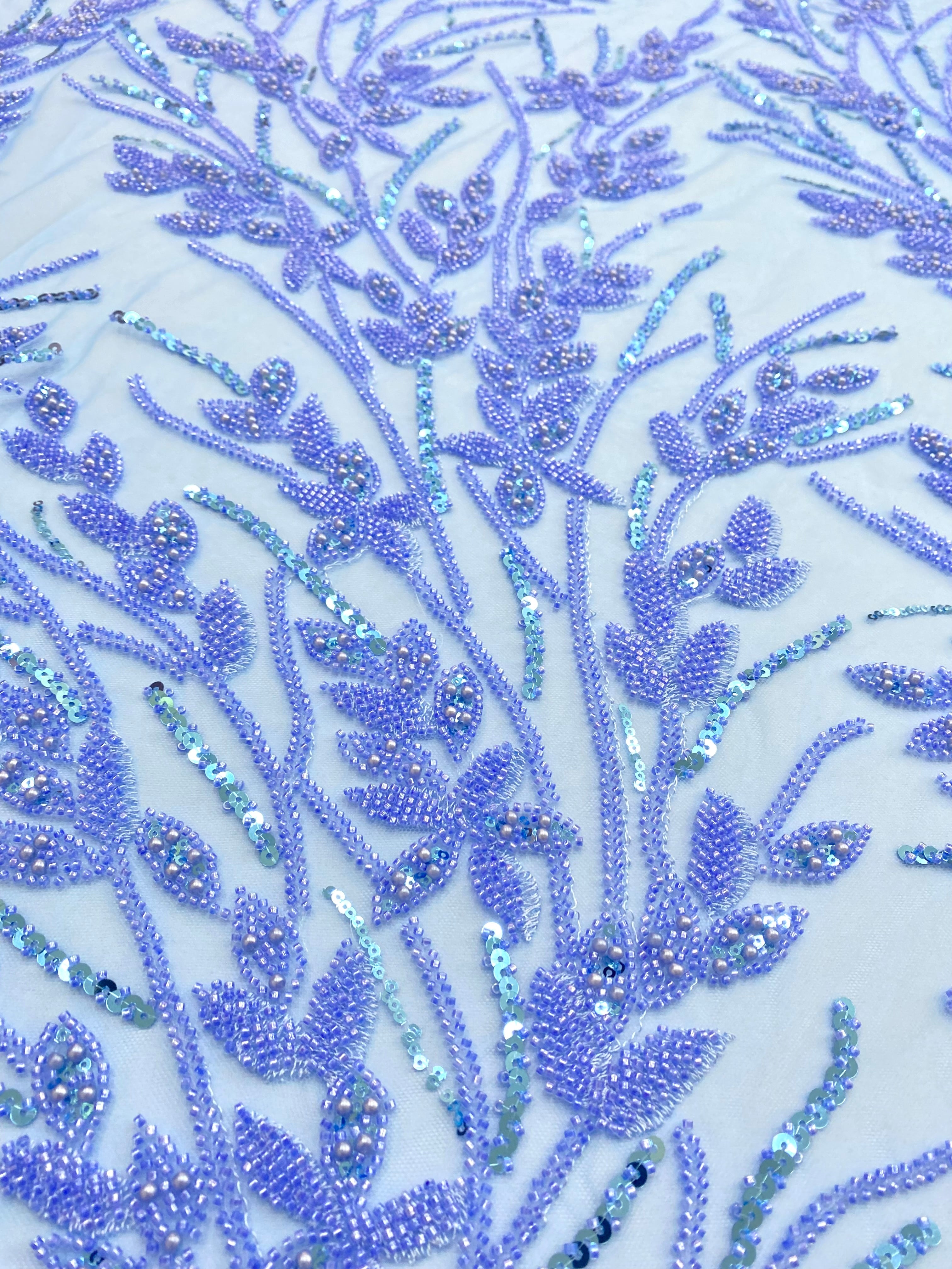 Dantela Couture Sky Blue cu Model Floral, Perle, Margele si Paiete