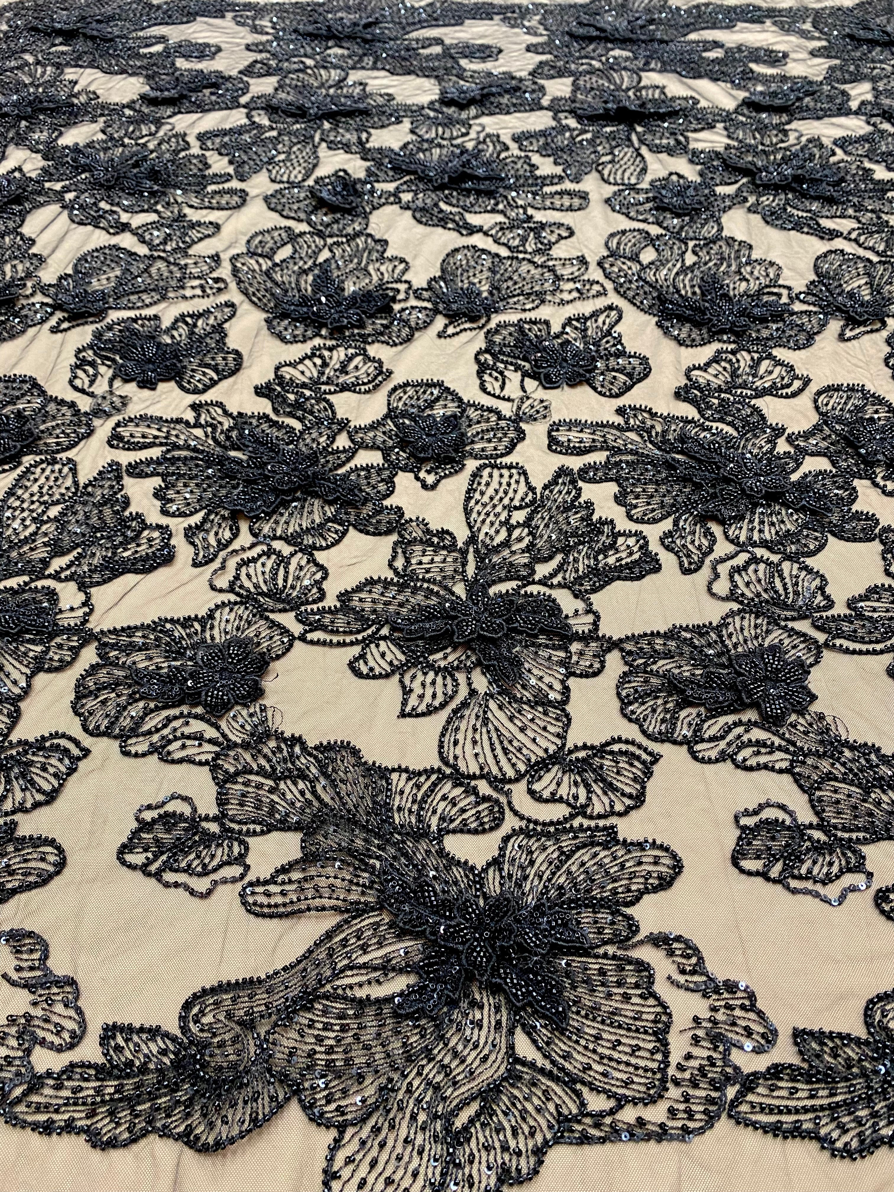 Dantela Couture 3D cu Flori Neagra cu Margele si Paiete