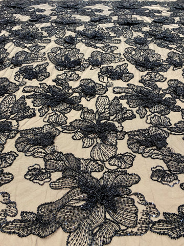 Dantela Couture 3D cu Flori Neagra cu Margele si Paiete