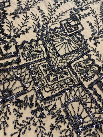 Dantela Couture Neagra cu Model Geometric, cu Margele si Paiete