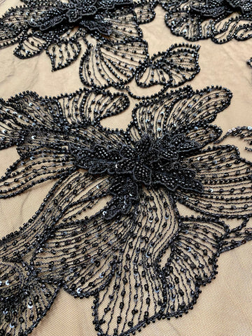 Dantela Couture 3D cu Flori Neagra cu Margele si Paiete