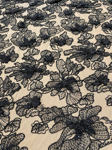 Dantela Couture 3D cu Flori Neagra cu Margele si Paiete