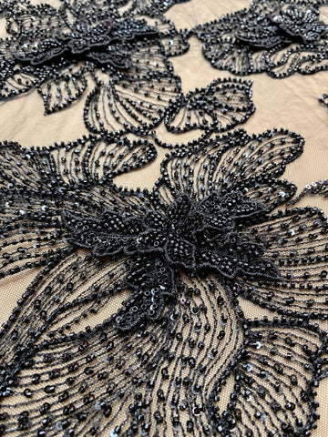 Dantela Couture 3D cu Flori Neagra cu Margele si Paiete