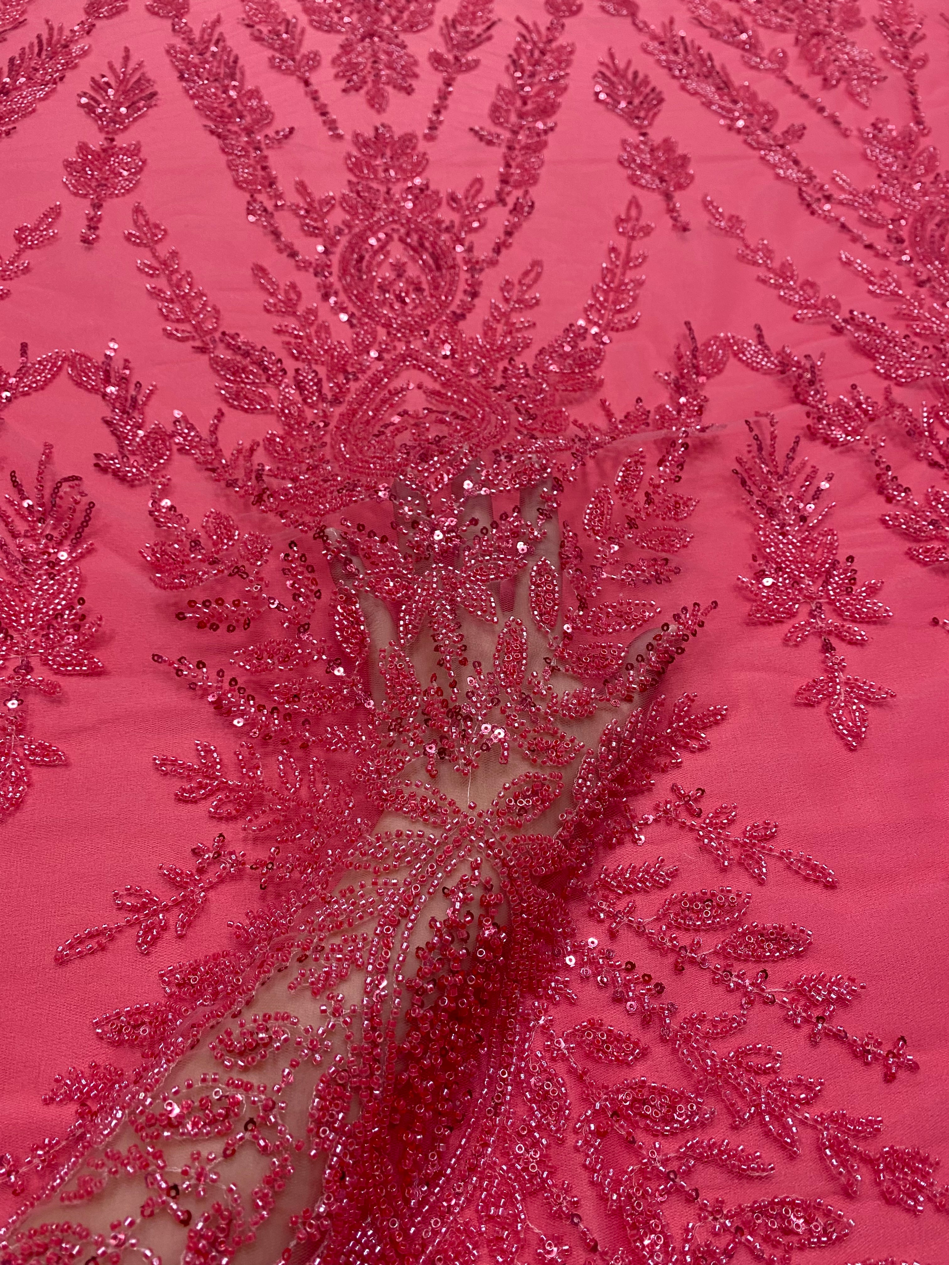Dantela Couture Roz Coral cu Model Simetric, cu Margele si Paiete
