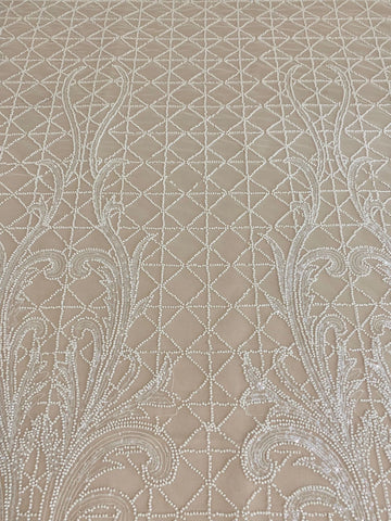 Dantela Ivory cu Model Geometric, cu Perle si Paiete