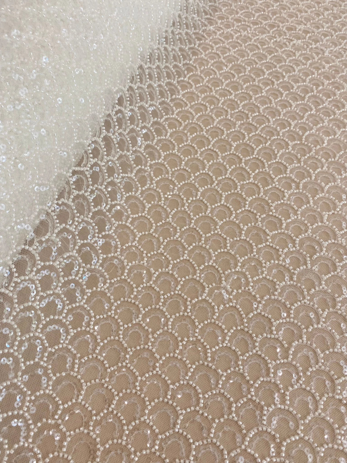 Ivory Lace with Geometric Pattern, with Pearls and Sequins