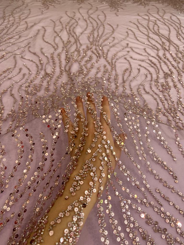 Powder Lace with Linear Pattern, with Pearls and Sequins