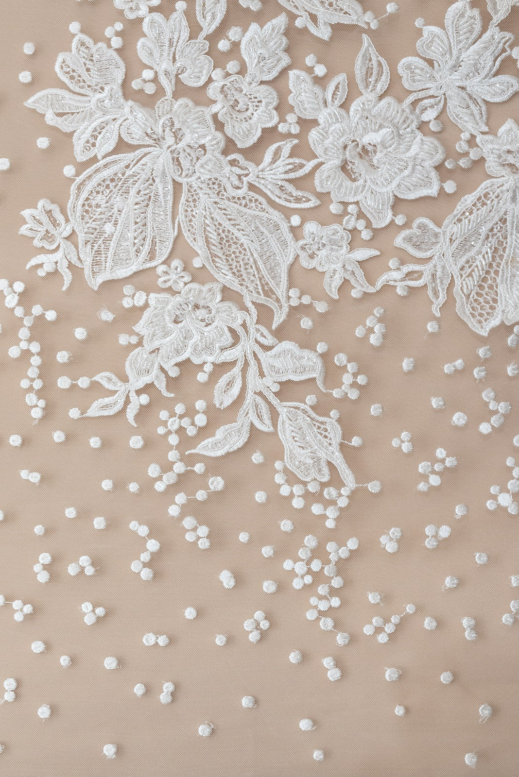 Ivory Lace with Floral Pattern and Polka Dots, with Crystals, Pearls and Sequins