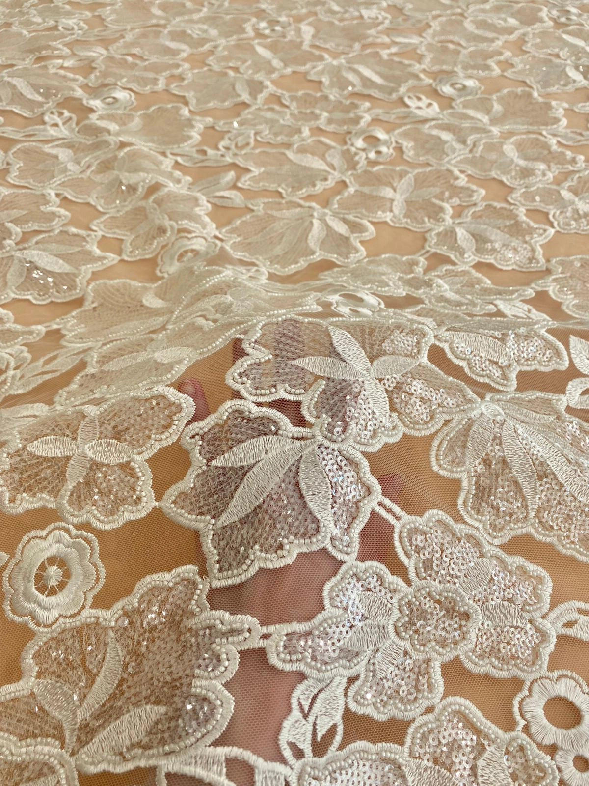 Lace with Floral Pattern with Pearls and Sequins