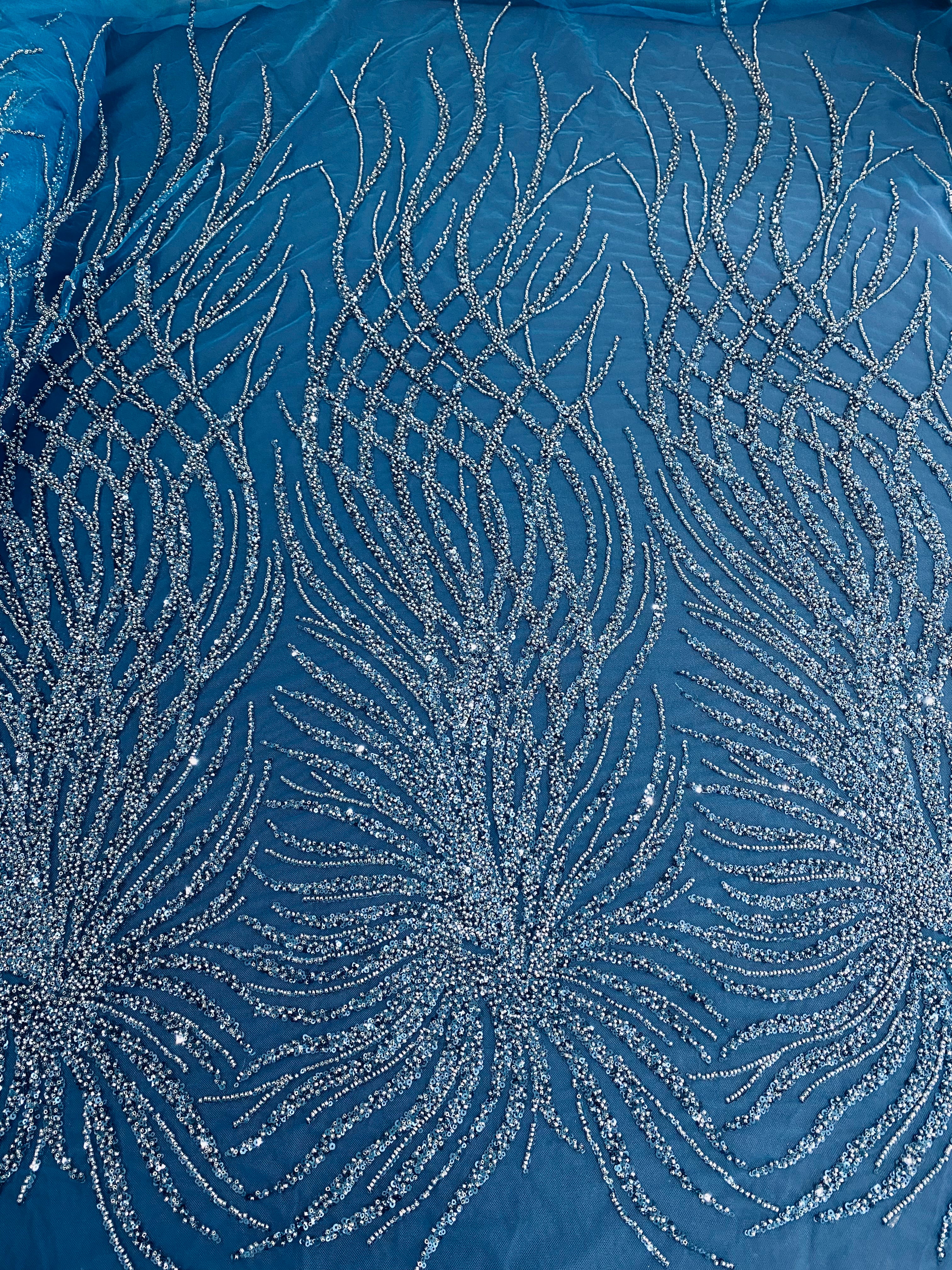 Dantela Albastru Marin cu Model Geometric, cu Margele si Paiete