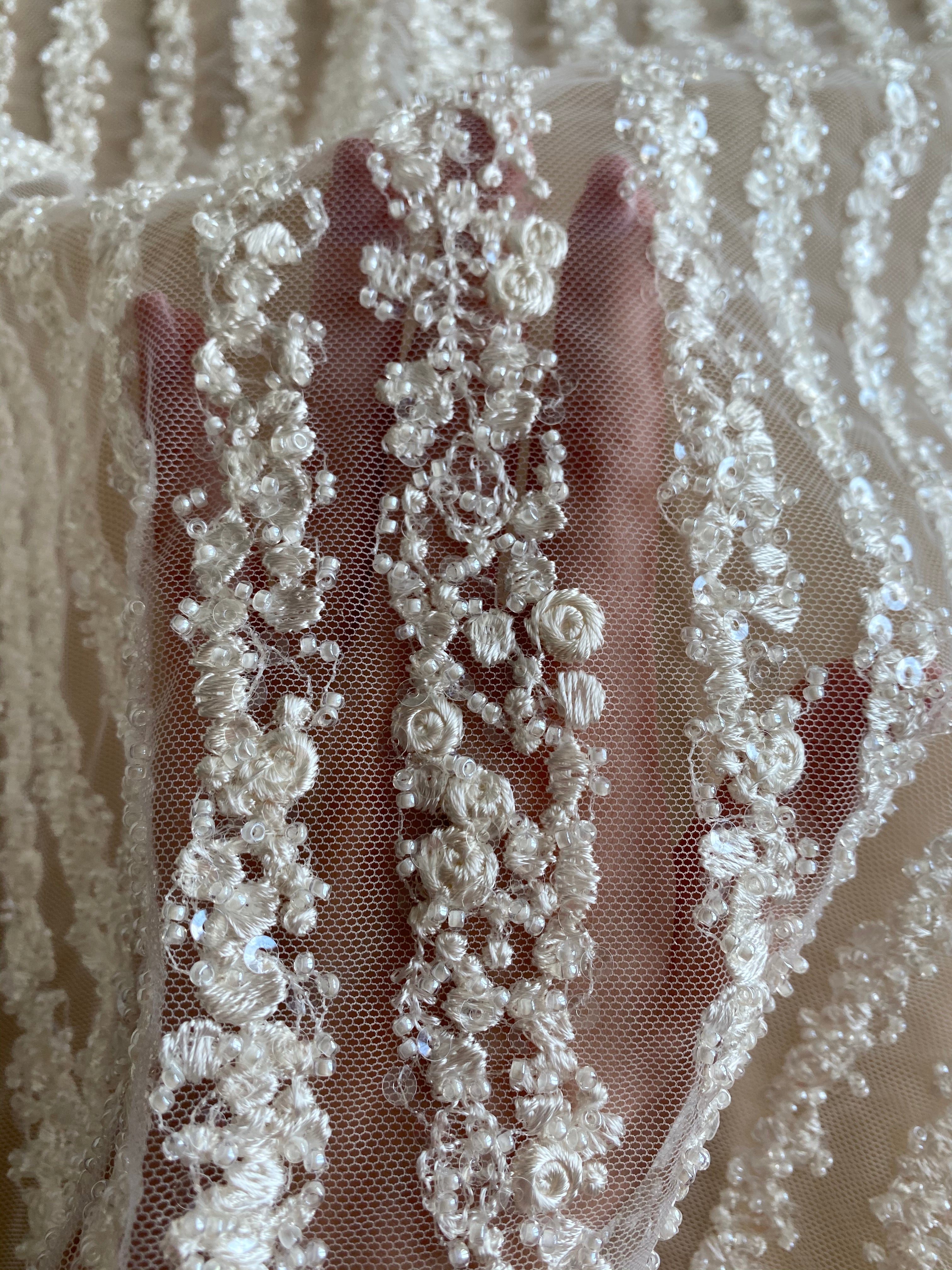 Ivory Lace Linear Model, with Pearls and Sequins
