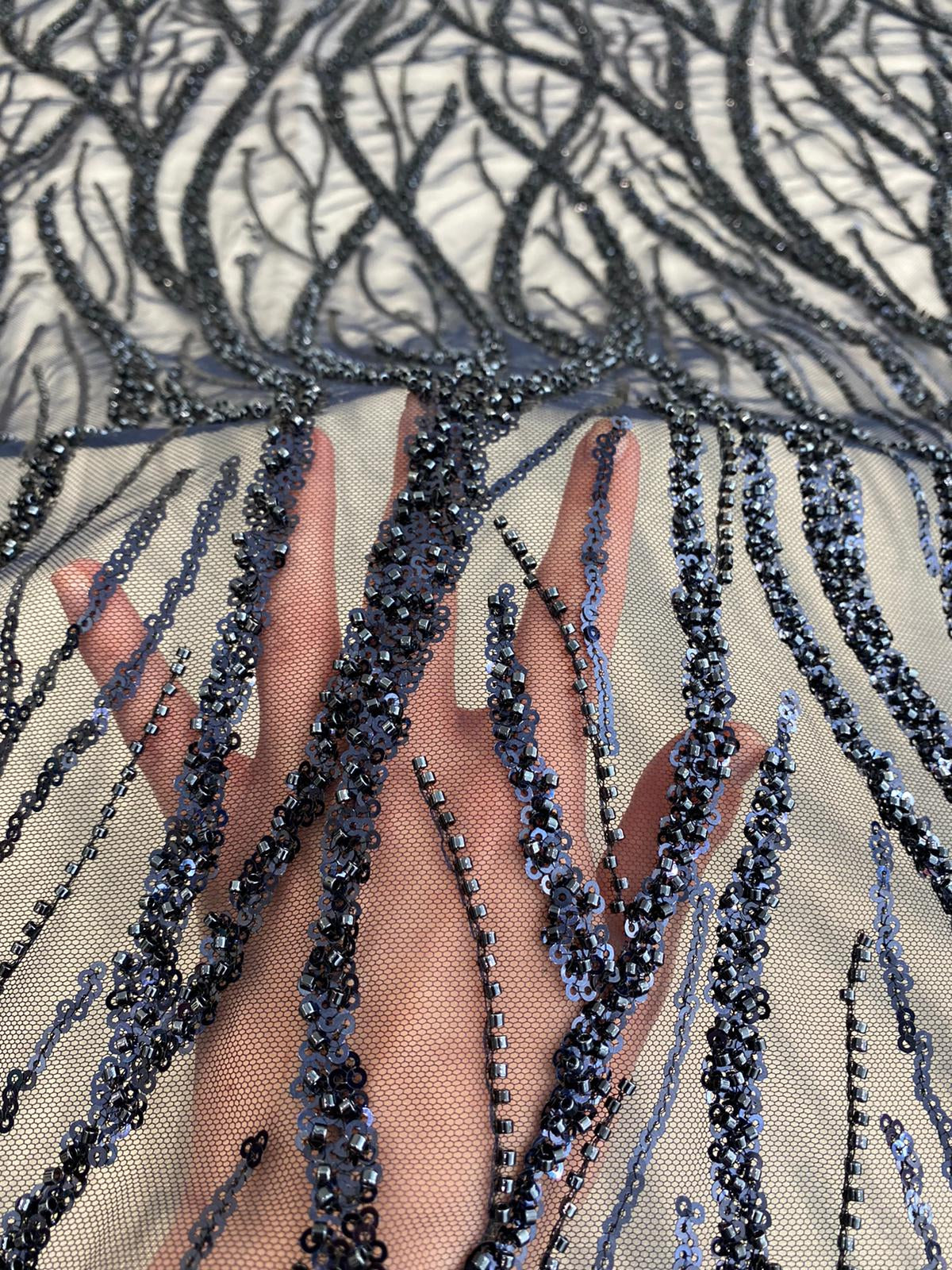 Navy Blue Lace with Strings, Beads and Sequins
